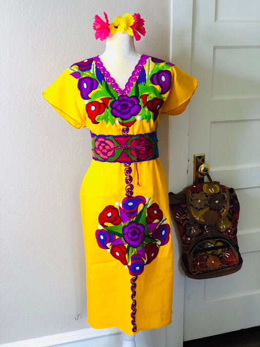 Mexican Floral Embroidered Dress- S-2x - Fiesta Floral Dress- Boho Frida style - Includes Floral Belt - Freeshipping