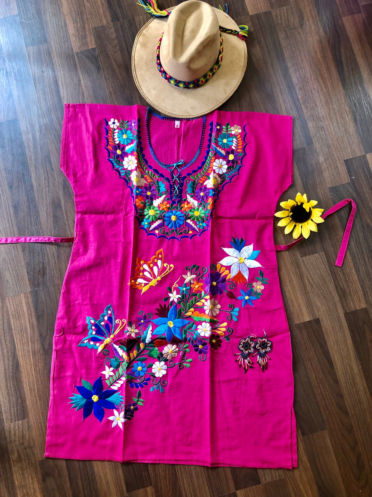 Mexican Kimono Dress- Embroidery Floral Dress- Fiesta Dress Small- Median