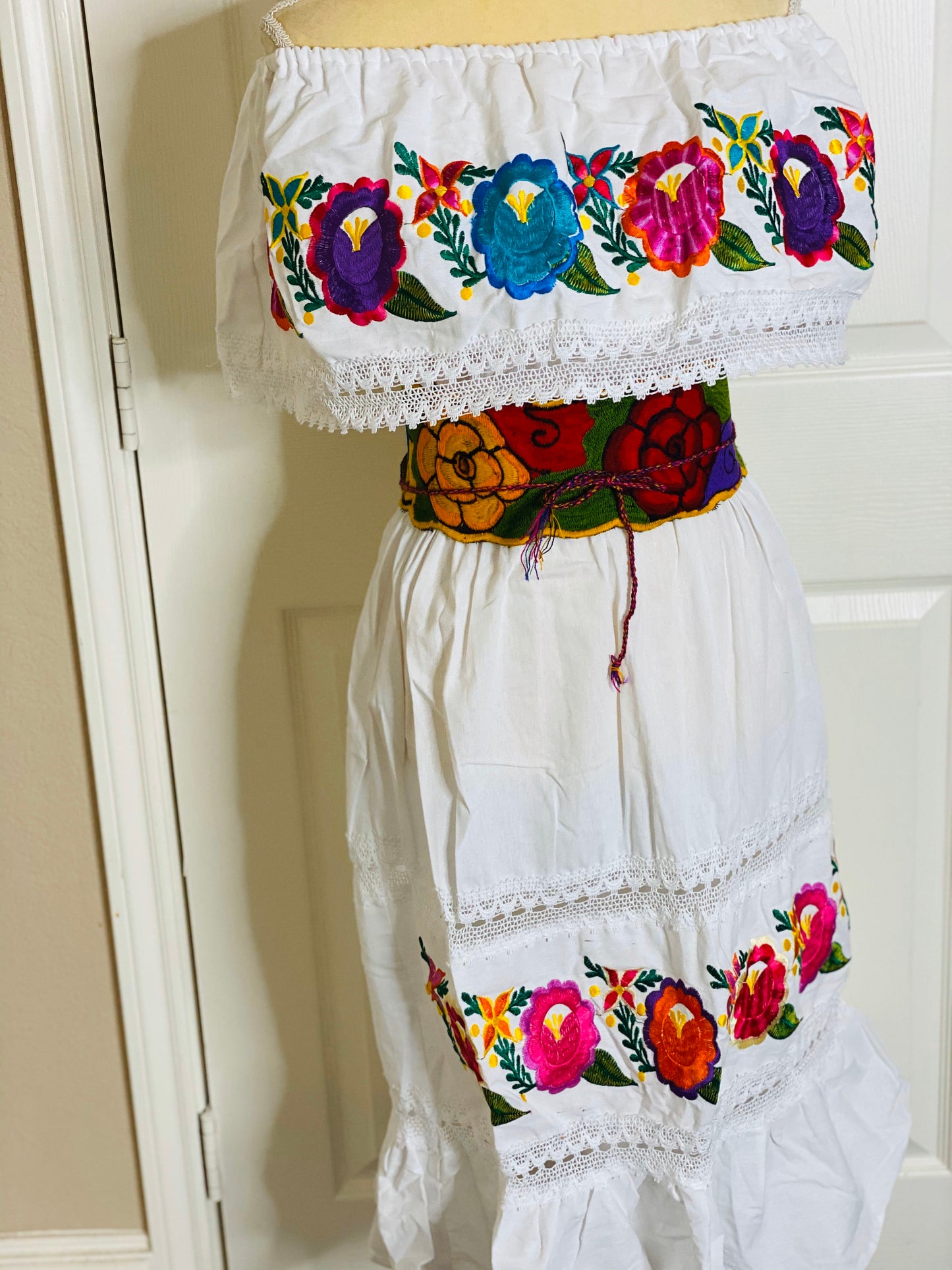 Mexican Dress- Fiesta Dress Embroidery- Median- large Floral Dress- Campesina Off the shoulders Dress- Embroidered Belt Included