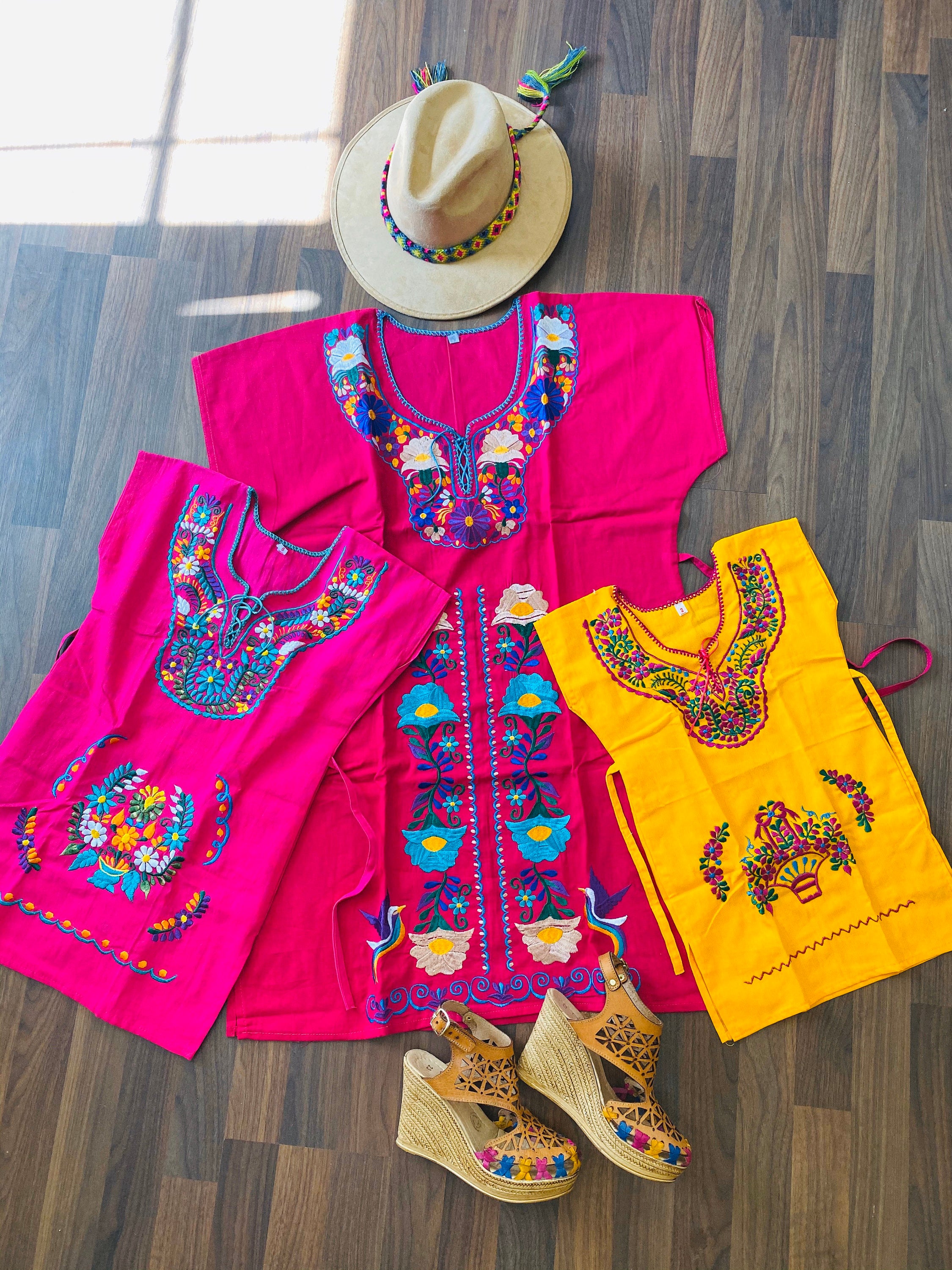 Mexican Girl's Dress, Floral Embroidered Cotton Blend, Knee-Length, Many Colors Available