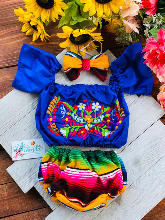 Serape Blue Floral Romper/ Baby Bloomers