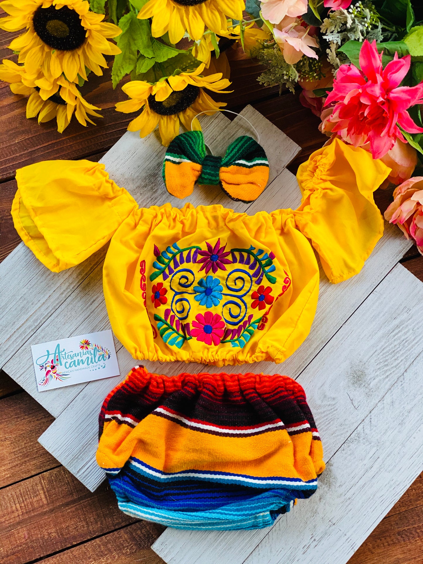 Serape Yellow Floral Romper/ Baby Bloomers