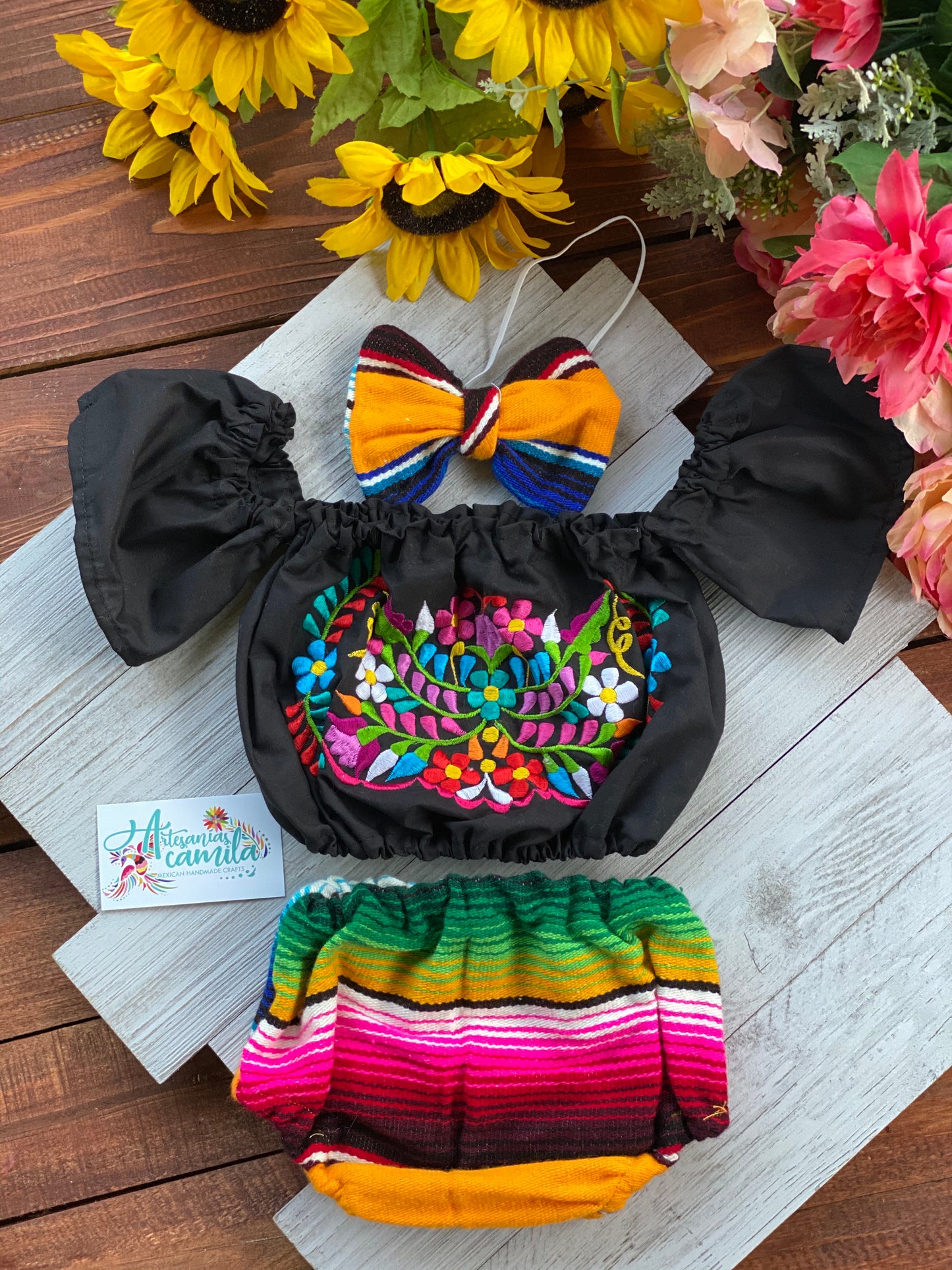 Serape Black Floral Romper/ Baby Bloomers