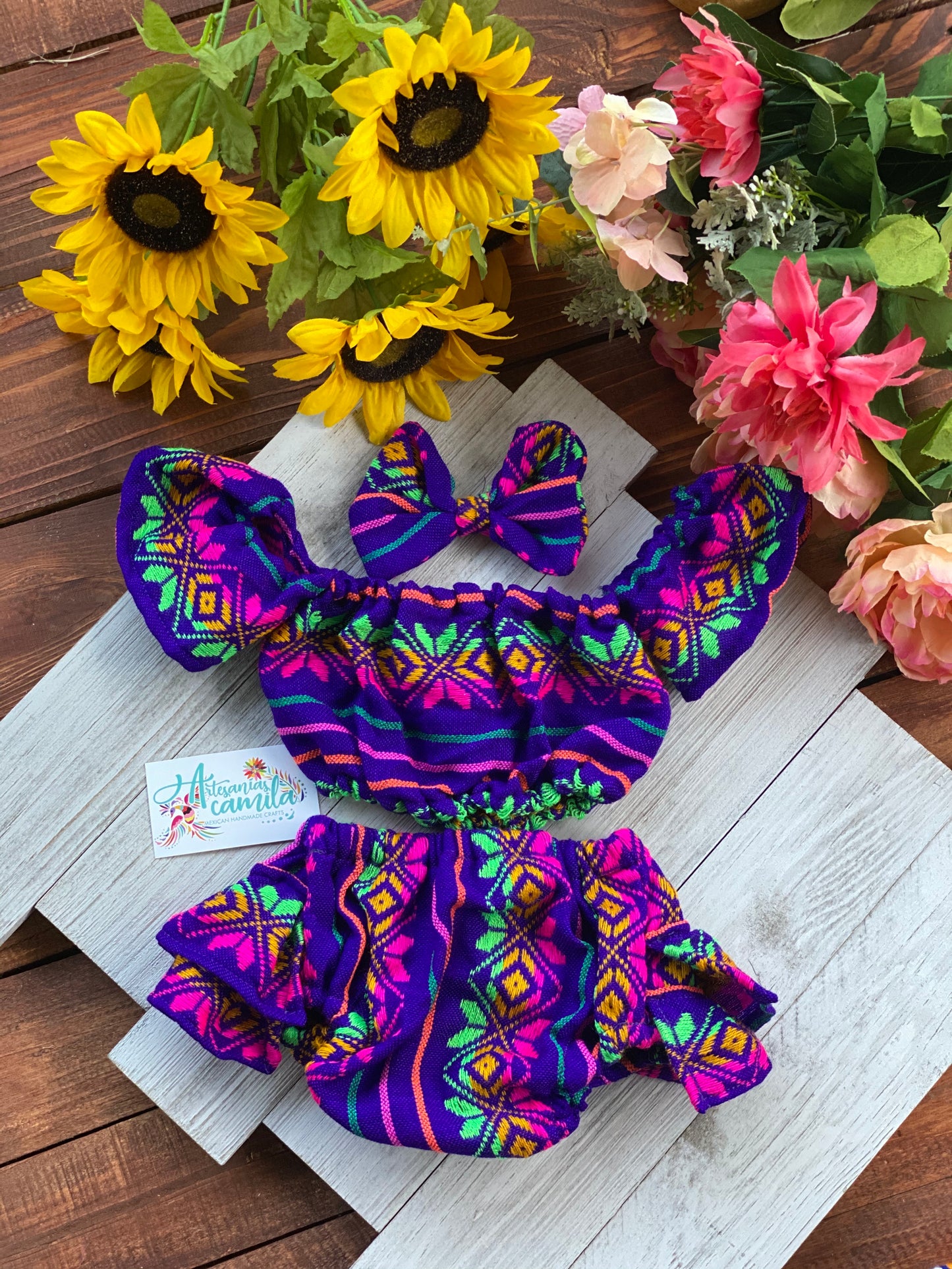 Purple Cambaya Baby Romper/ Baby Mexicanita