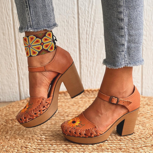 Sunflower embroidery heels