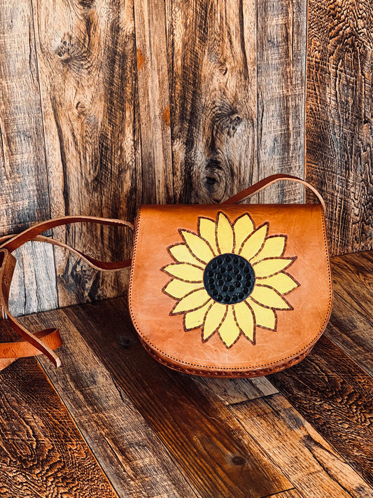 Sunflower Tooled Boho Leather Crossbody Bag